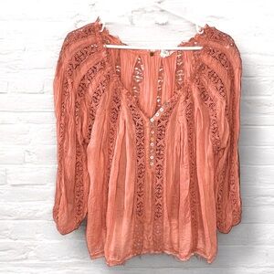 ⭐️ Free People One FP ONE Flowy Lace Button Front Raw Hem Bohemian Blouse Top XS